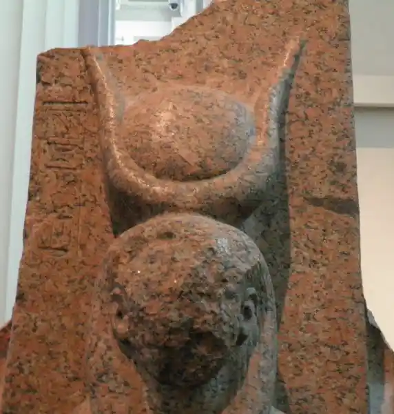 Solar disc in between the horns of the figure of Hathor on the sculpture of king Thutmose III